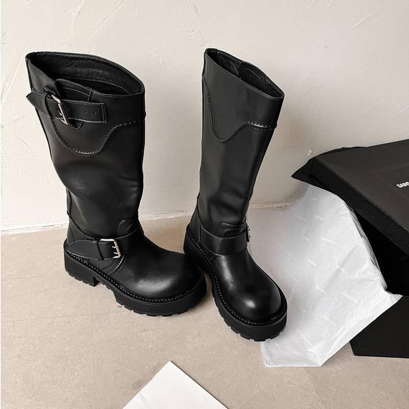 Autumn and winter women's Martin boots leather large size leather boots sleeve thigh circumference high boots new thick-soled cowhide women's boots