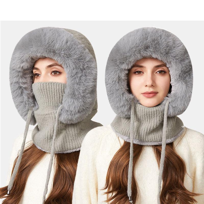 

Thick Drawstring Knitted All-In-One Hat Women s Winter Outdoor Windproof Warm Wool Hat сірий