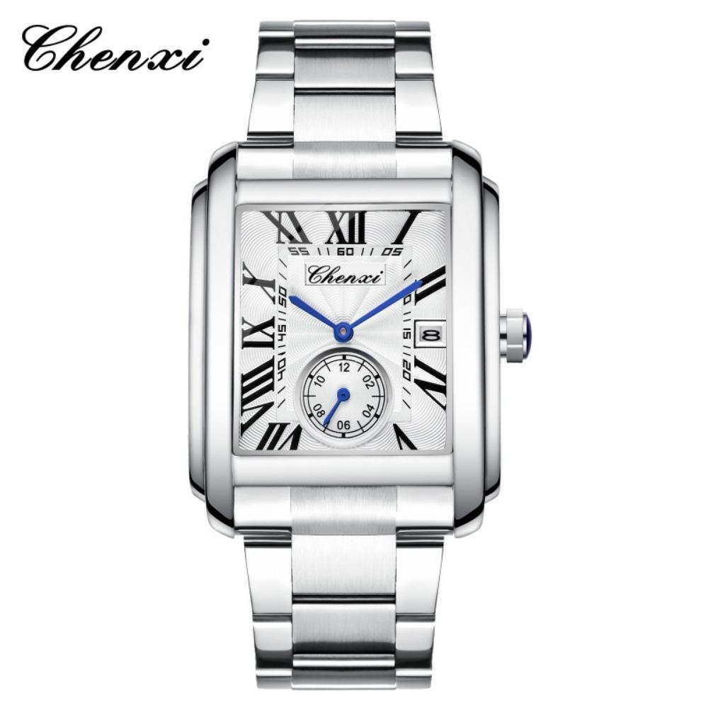 CHENXI 8216 Men's Quartz Watches Fashion Business Simple Silvery Stainless Steel Strap Square Wristwatches for Male Gift
