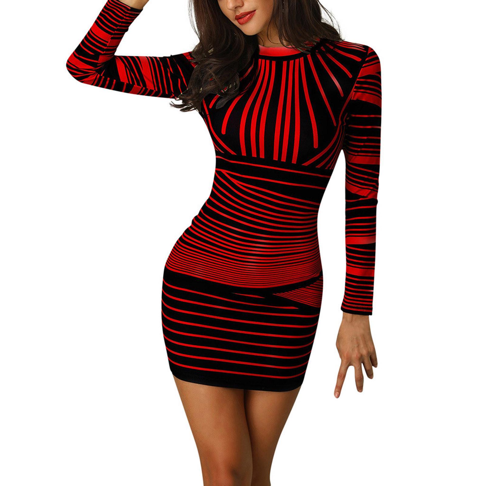 

Women Long Sleeves Bodycons Striped Printed Zipper Party Evening Club Dress красный