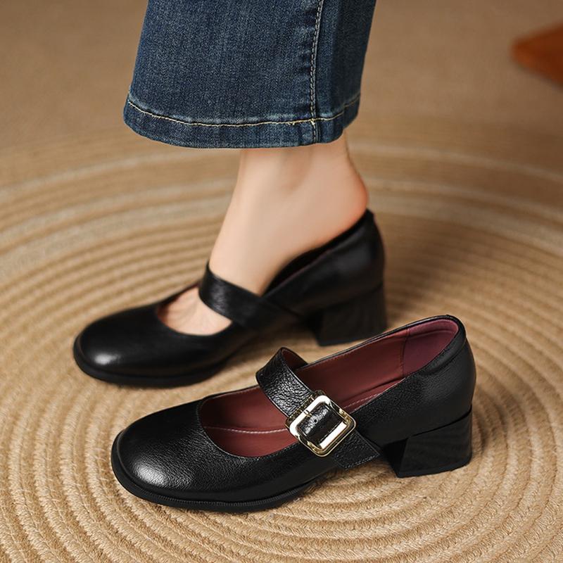 Modne NOWE Wiosna/Jesień Damskie Czółenka Buty z Prawdziwej Skóry dla Kobiet Okrągły Czubek Gruby Obcas Buty Zwięzła Klamra Paska Buty Mary Janes