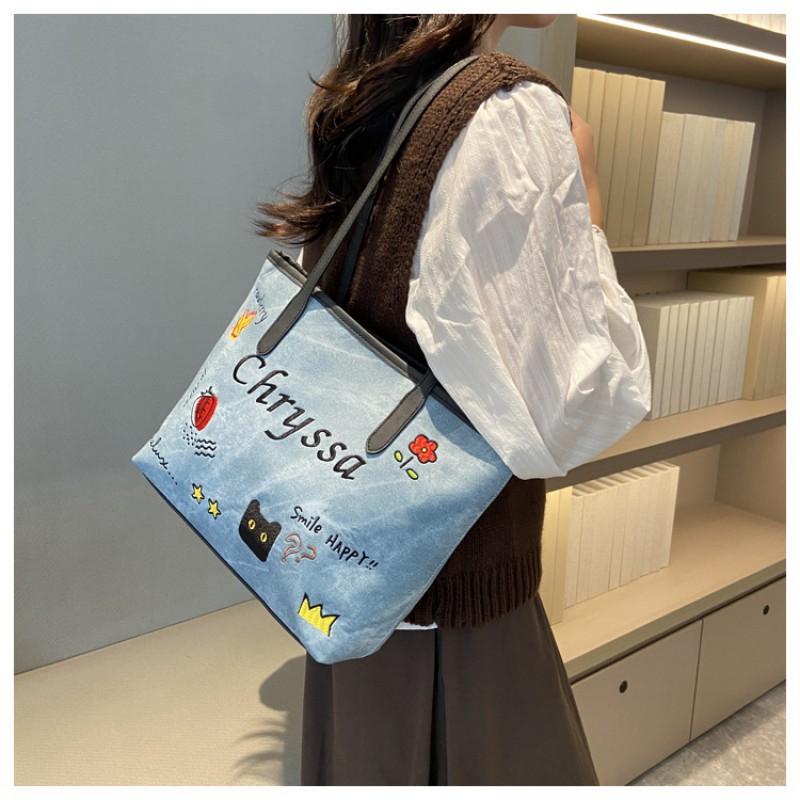 

Embroidery Tote Bag Large-capacity Literary Style Simple Foreign-style Shoulder College Student Commuting 36x10x26 синий