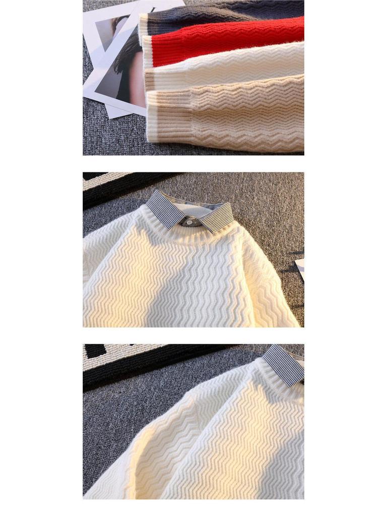 2024 Men's Autumn/Winter Loose Knit Sweater with Shirt Collar, Plus Velvet Two-Piece Look