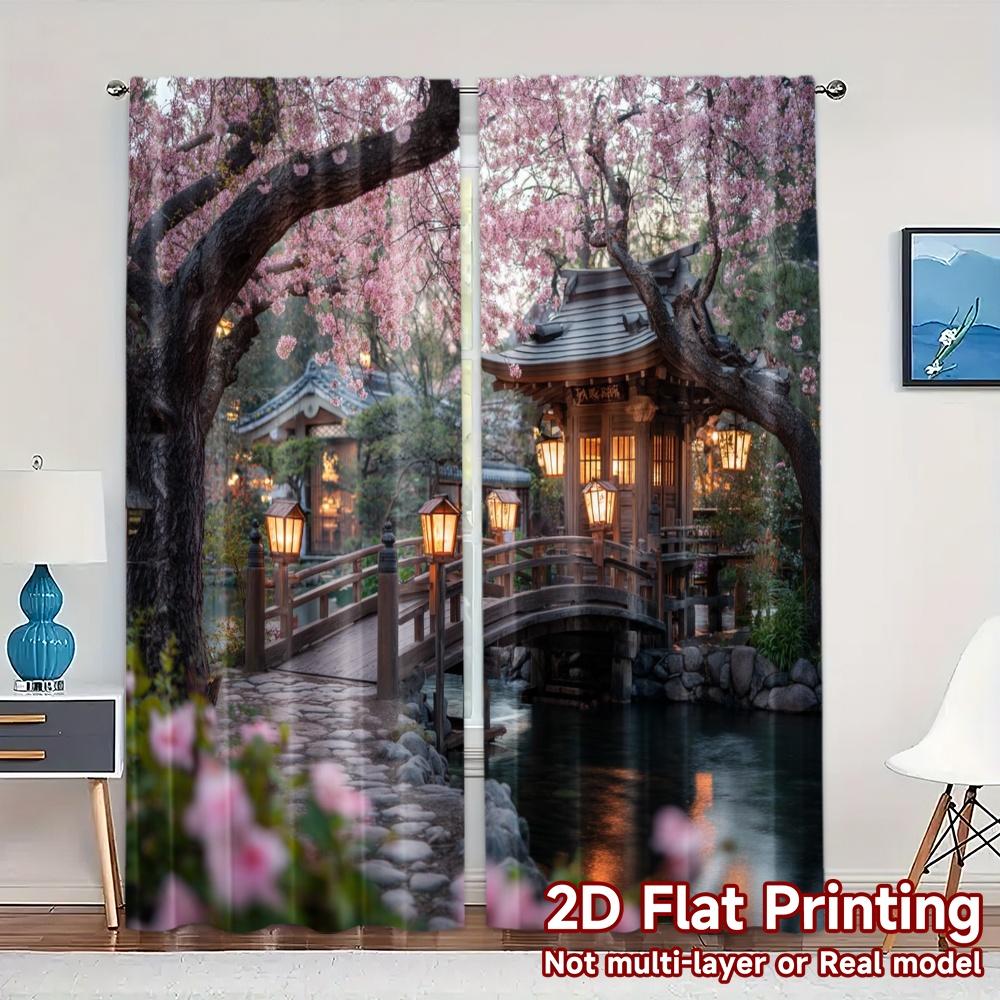 

Set Of 2 Flat Printing Curtains Without Rod Serene Sakura Bridge Curtain Versatile Polyester Fabric Modern Made W100*H70(CM)-Rod Pocket&1PCS