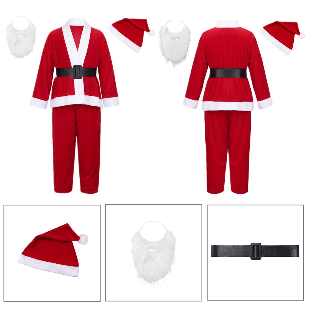 Kostium Strój Świętego Mikołaja dla Dzieci Chłopców Bluzki z Długim Rękawem Zestaw z Kapeluszem, Brodą, Spodniami i Paskiem na Imprezę Cosplay Przebranie na Boże Narodzenie