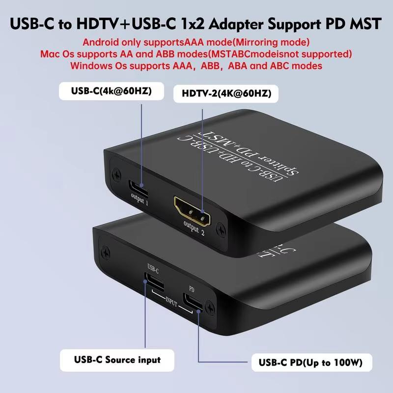 Type-C To HDTV Compatible/USB-C4k60Hz MST Display Port SST Allocator Type-C Allocator PD Power Supply Dual Display Expansion