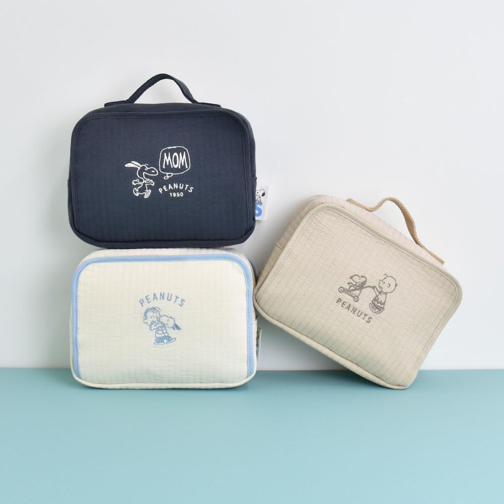 Marimocraft Snoopy Quilted Diaper Pouch with Diaper Portable and Perfect for Women and Perfect for Cute Character Beige Pouch, Built-in Wipes,