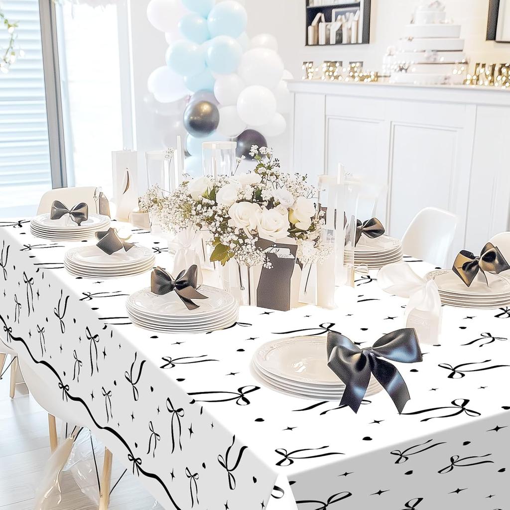 Avezano 3 pcs Black Bow Tablecloths 108 x 54 inch Bow Birthday Decorations Black and White Coquette Plastic Table Cover Disposable Bachelorette Party