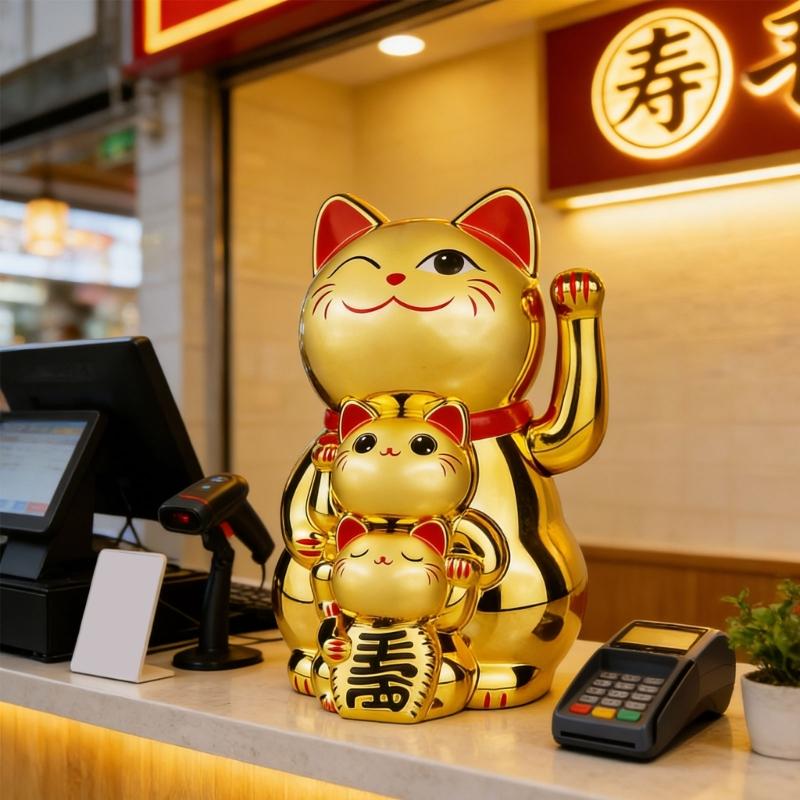Lucky Cats Waving Arm Set Lovely Chinese Cats Solars Fortune Cats Statue Decorations for Front Desks,Business Openings
