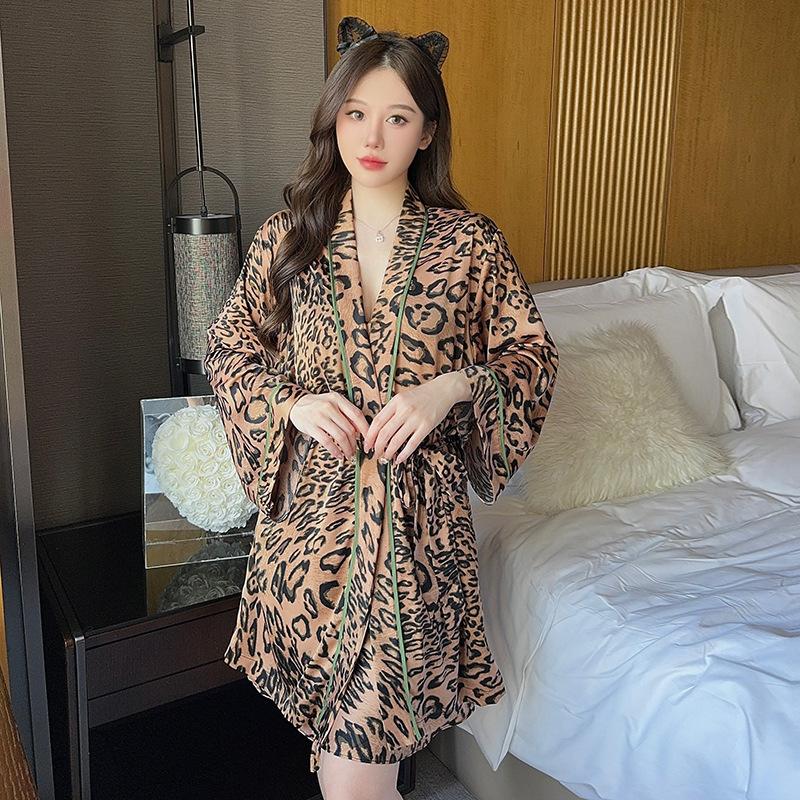 New Pajamas Women's Summer Ice Silk Long-sleeved Suspender Nightgown Nightgown Set Spring and Autumn Sexy Leopard Print Home