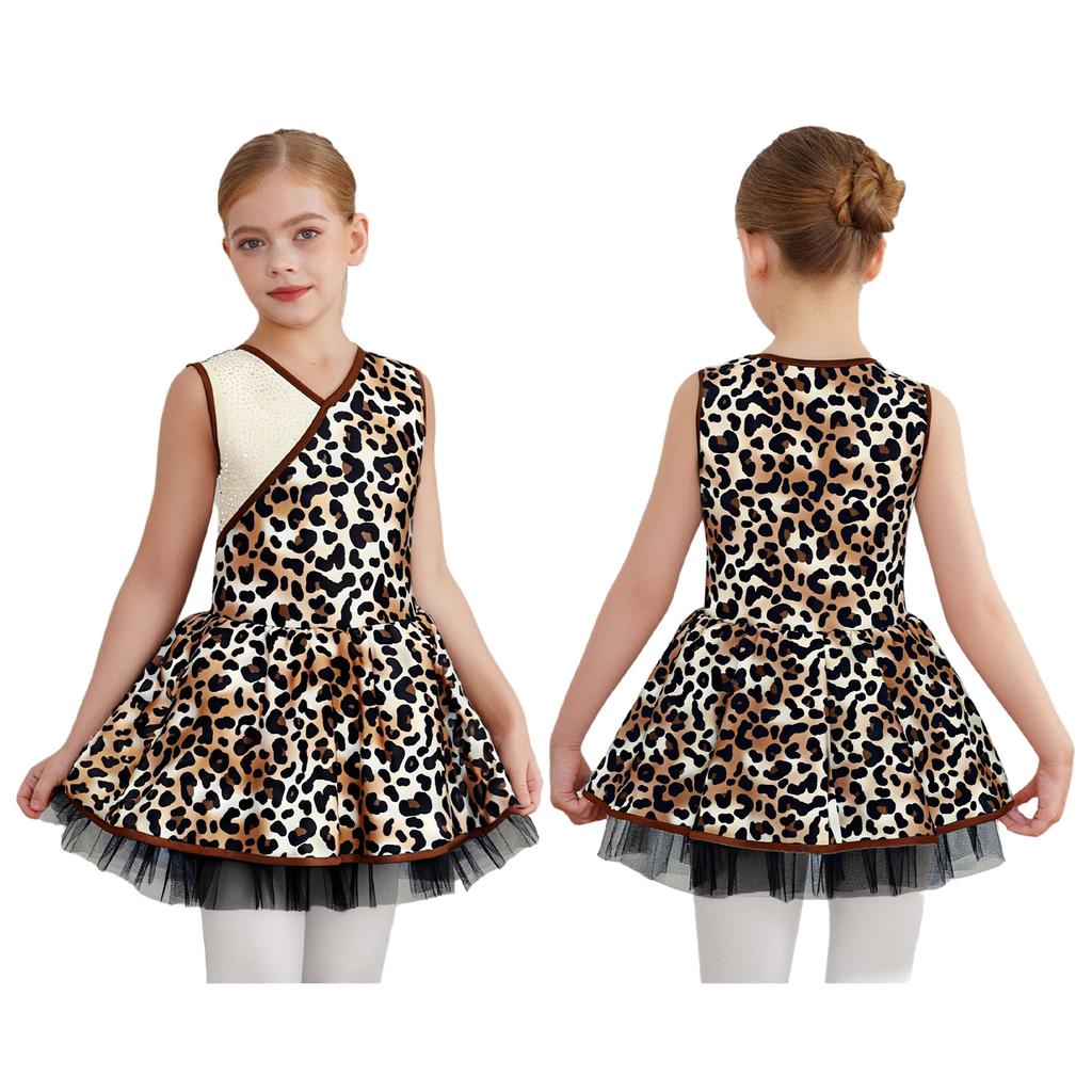 Girls Prehistoric Cave Costume Leopard Print V Neck Sleeveless Mesh Puffy Dress with Built In Briefs