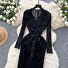 Vintage V-neck Elegant Long Sleeves Chic Flocking Print Spliced Velvet Slim Bandage Dresses Evening High Street Winter Clothing