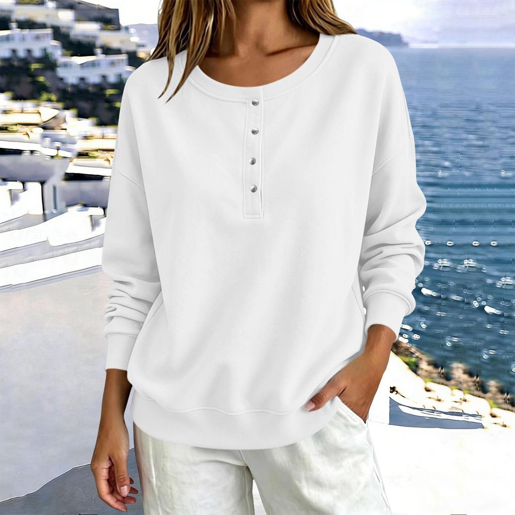Women's Button Front Neck Pullover Sweatshirt Long Sleeve Color