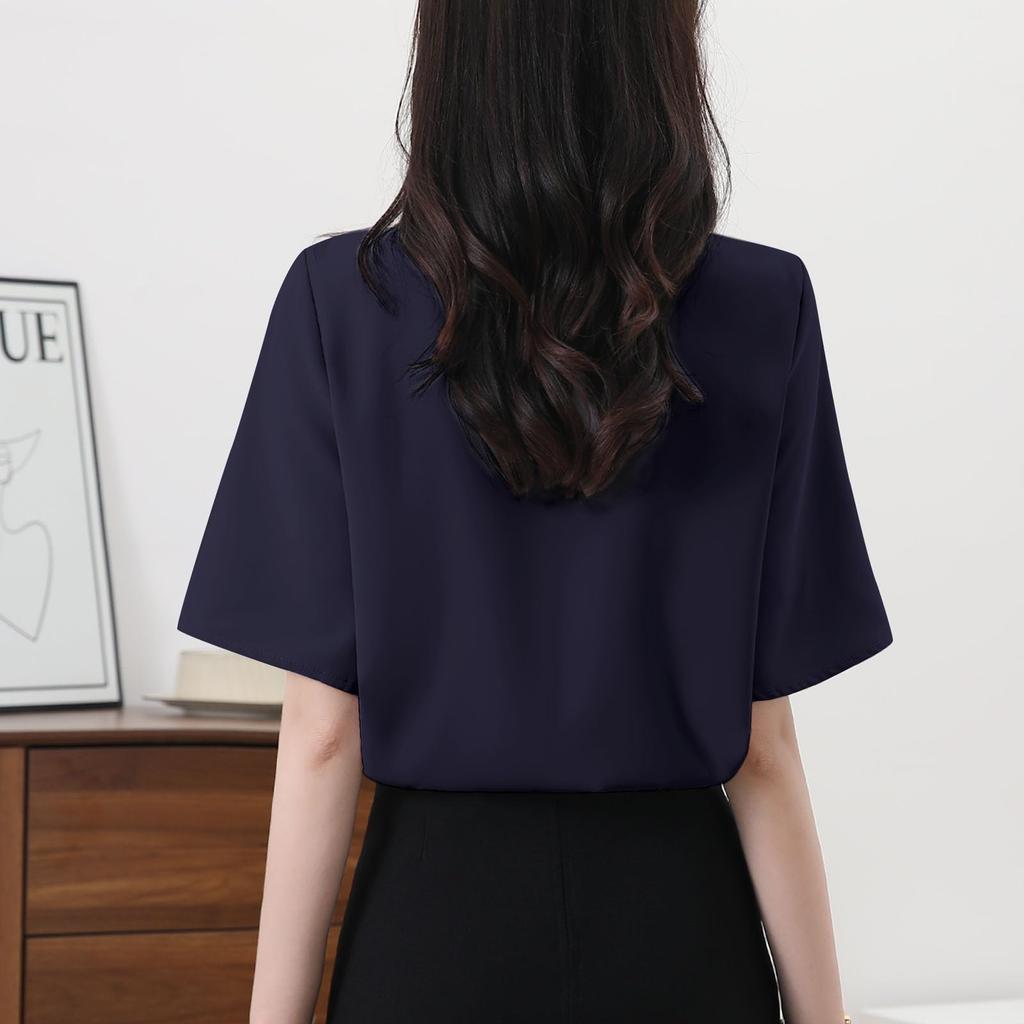 Shirt Blouse for Short Body Office Going Summer [Yino] Women, Sleeve, Bowtie, Drape, Ribbon, Covering, Slimming, Stylish, Neat, Feminine, Adult, Cute,