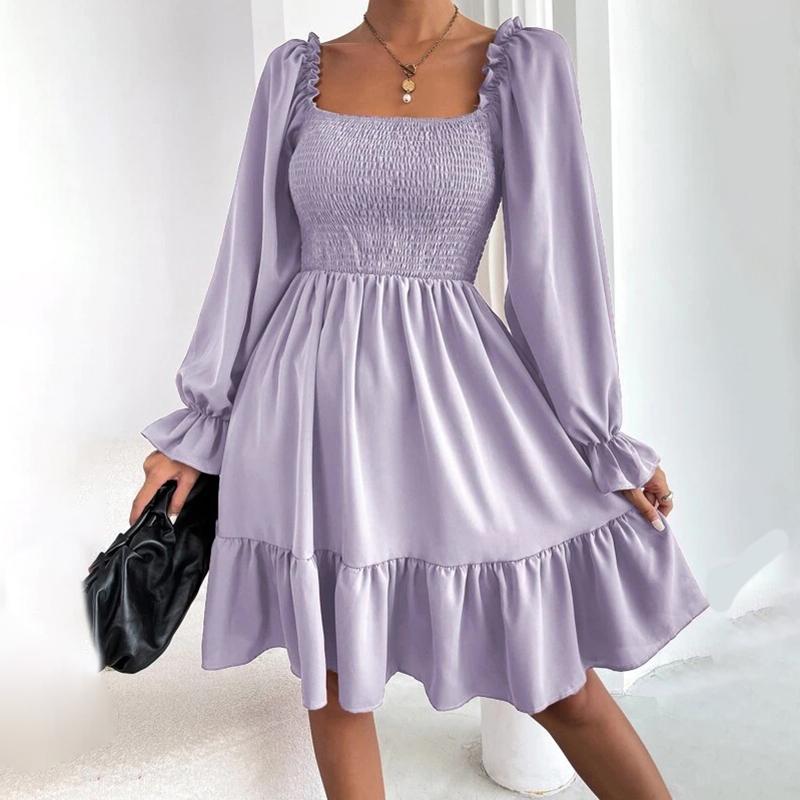 2025 French Minimalist Square-Neck Dress Long-Sleeve High-Waisted Bodycon Dress with Flounced Hem