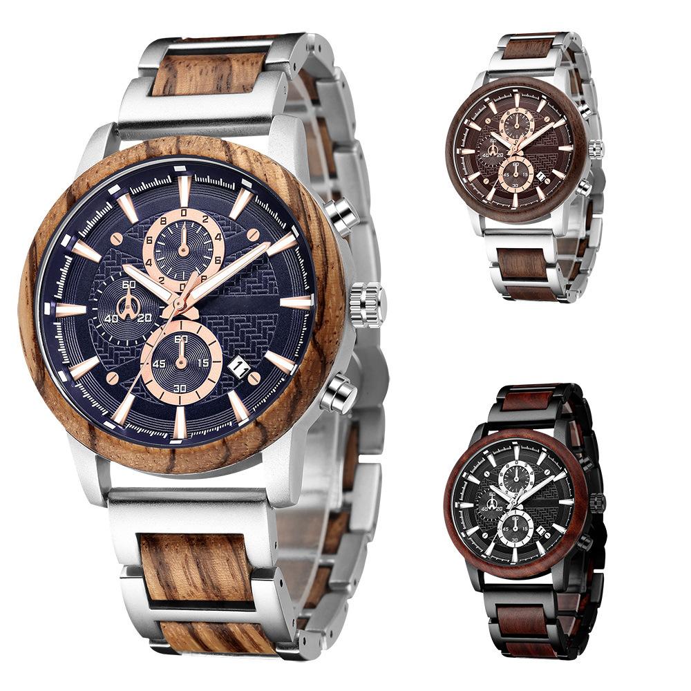 Three-eye Six-pin Alloy Wood Men's Watch Multi-functional Chronograph Calendar Stopwatch Sports Quartz Watch