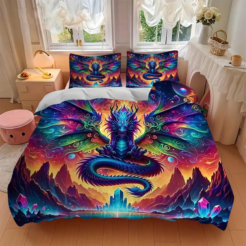 3pcs Enchanted Dragon Bedding Set, Includes Quilt Cover and Pillowcases, Suitable for All Seasons