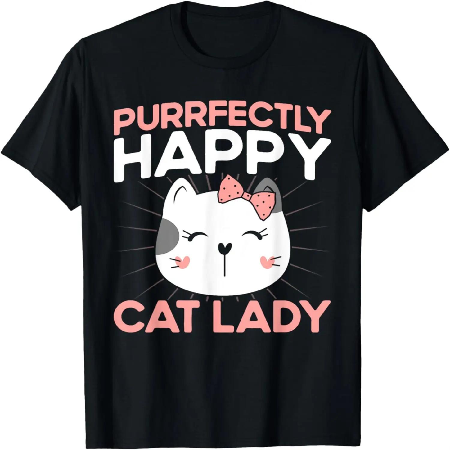 Purrfectly Happy Cat Lady Cat Lover Sayings Pun Cat Mom T-Shirt S