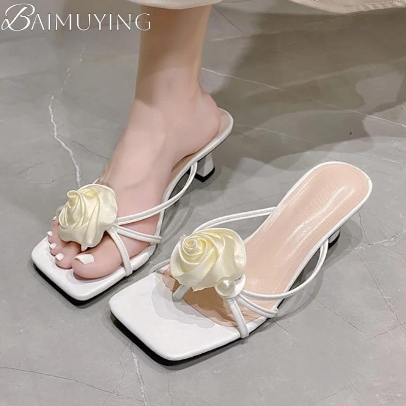 Flower Women High Heels Slippers Pearl Party Sandals Sexy Heeled Shoes 2025 New Elegant Summer Slingback Woman Square Toe Pumps