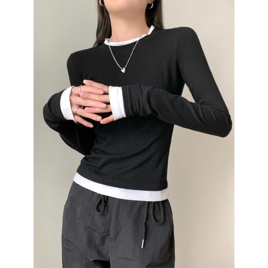 Design Sense Tricouri cu mânecă lungă slim fit două piese false pentru femei, toamnă gât rotund pulover versatil