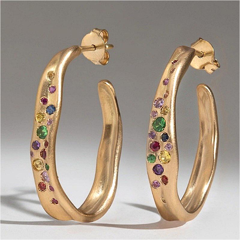 Concise Inlaid Multi-color Synthetic Zircon Irregular Hoop Earrings Women's Elegant Golden Plated Wedding Jewelry Crafts