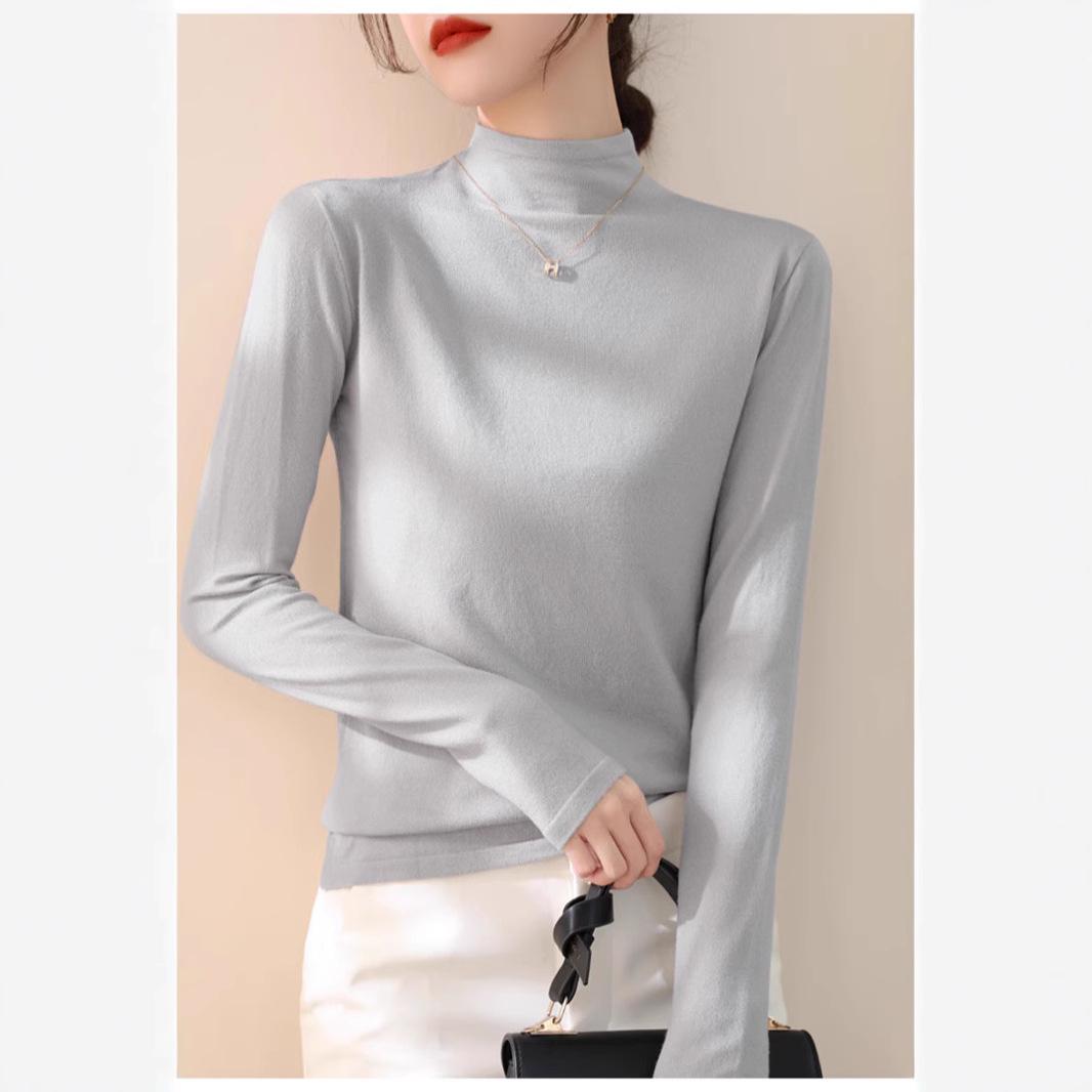 

Women s Slim Fit Long Sleeve Knit Sweater with Semi-High Neck One Size сірий колір