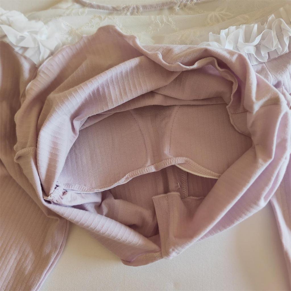 Women's Cotton Pajama Set: Long Sleeve, Lace Trim, Long Pants, Chest Pads, Sexy Style for Spring, Autumn, Winter.