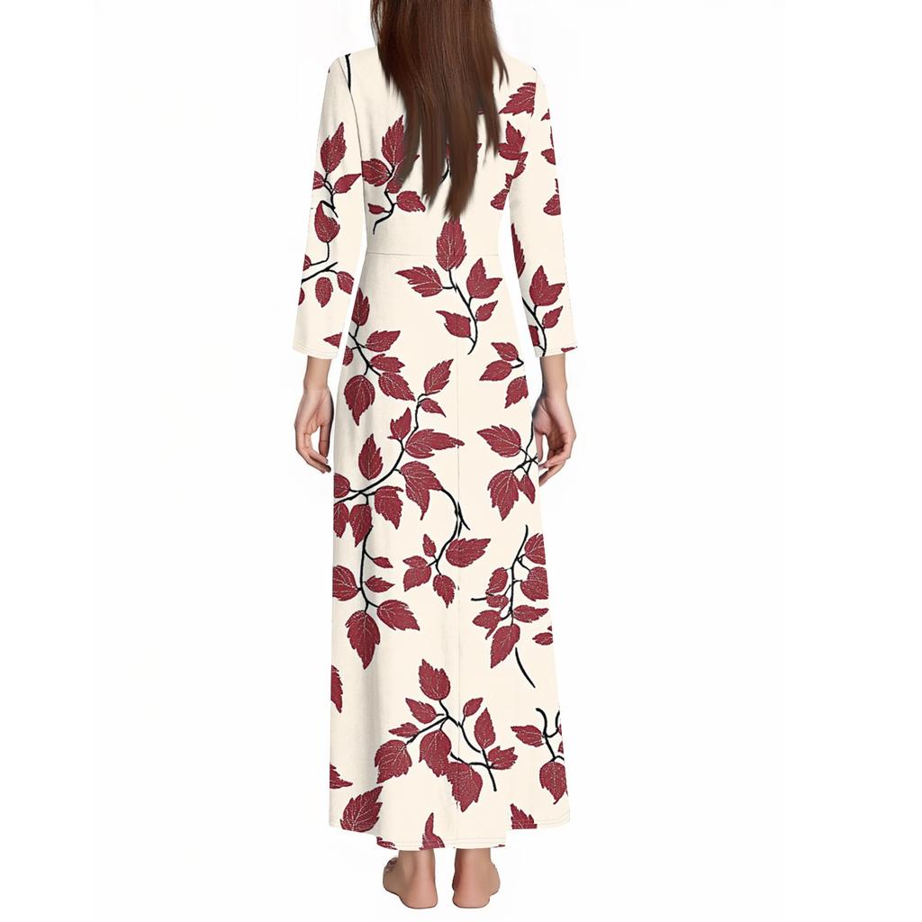Women's Casual 3/4 Sleeve V-Neck Floral Print Maxi A-Line Beach Dress