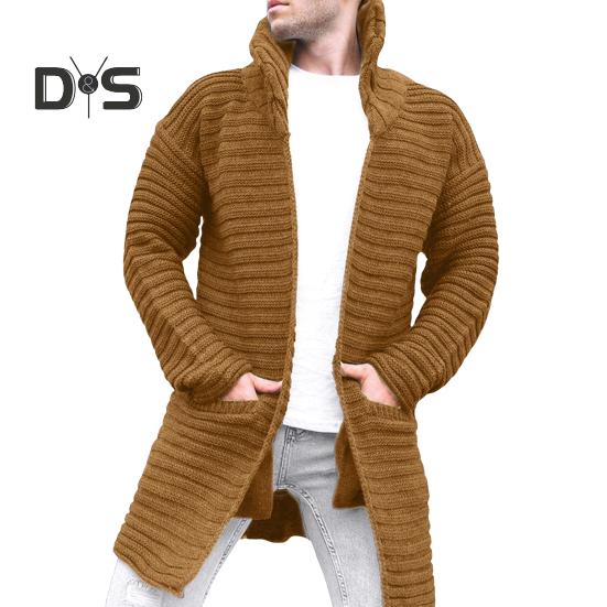 Мужской кардиган пальто вязаный свитер с высоким воротником длинными рукавами теплыми карманами пальто средней длины однотонная осенне-зимняя куртка M хаки 2898₽