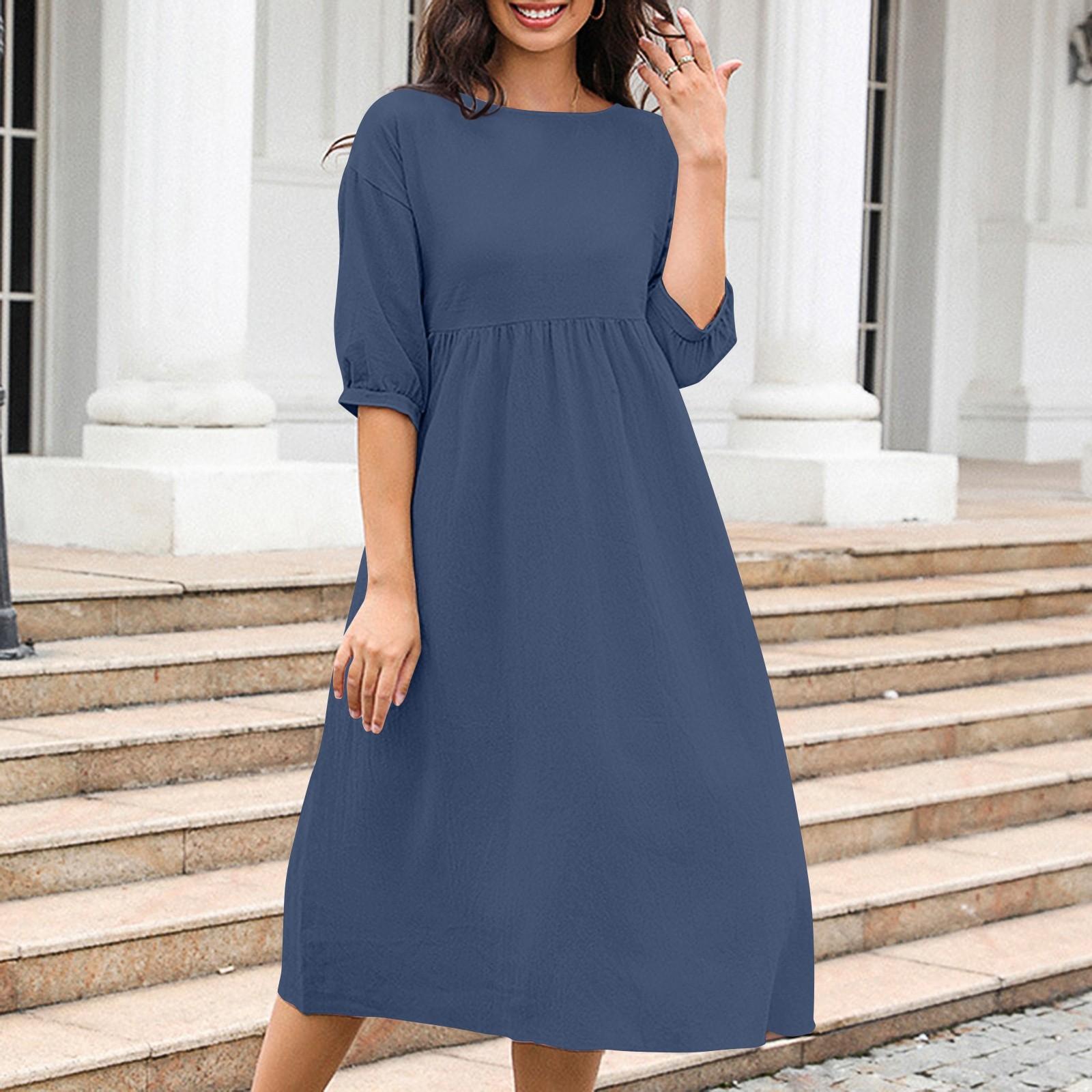 

Women s Loose Casual Comfortable Solid Color Pullover Cotton Linen Pocket Dress M Темно-синій