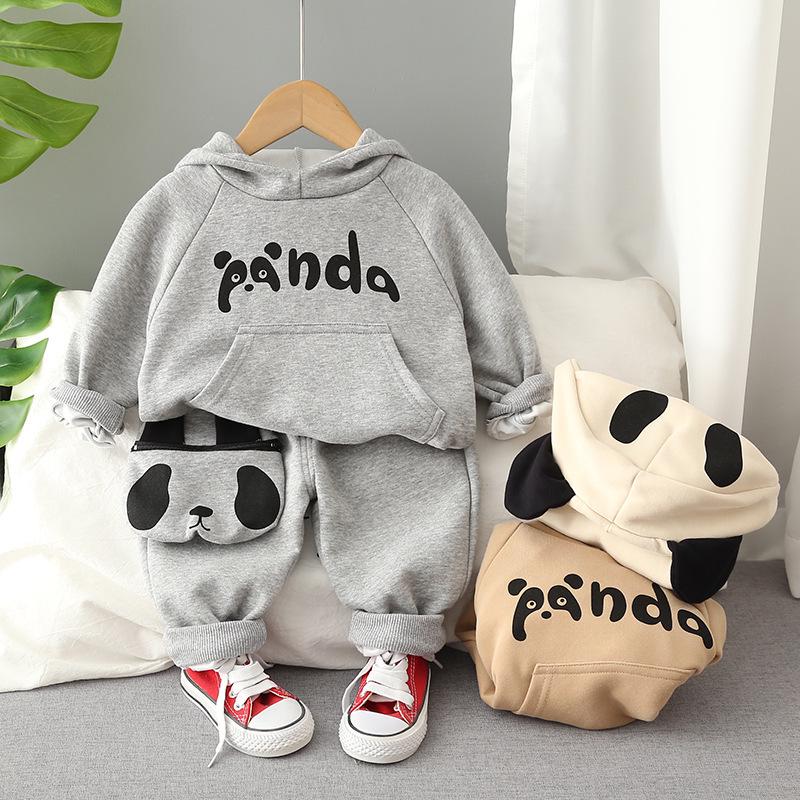 Spring Boys' English Panda Hoodie & Bag Two-Piece Set (0-5 Years) - New Autumn Arrival