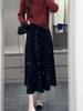 Women's Black Sequined Velvet Midi Skirt - Fashionable and Elegant for Spring and Autumn