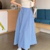 Women's Summer Blue Plaid High-Waist Elastic A-Line Umbrella Midi Skirt - Korean Style Slim-Fit with Flared Silhouette