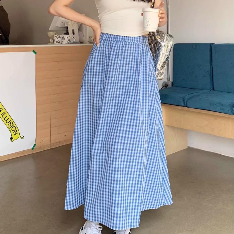 Women's Summer Blue Plaid High-Waist Elastic A-Line Umbrella Midi Skirt - Korean Style Slim-Fit with Flared Silhouette