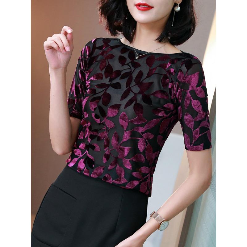 V-Ausschnitt Basis-Shirt für Damen In Frühling und Herbst Modisches Schwarzes Innenfleece-Mesh Mid-Sleeve Damenoberteil Temperament Kleines Hemd