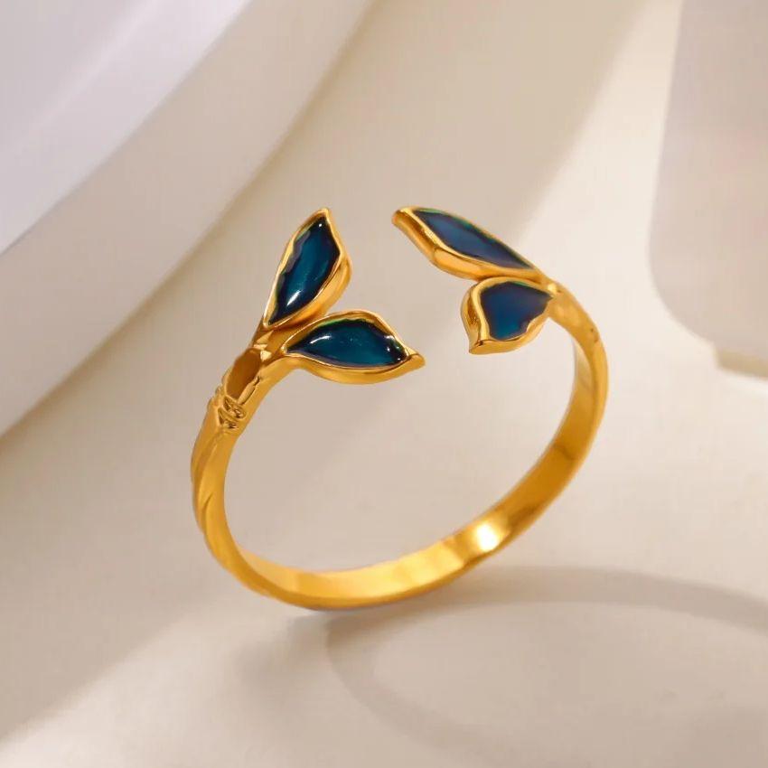 Fashion Blue Wing Rings For Women Gold Color Stainless Steel Adjustable Fish Tail Ring Aesthetic Wedding Christmas Jewelry Gift