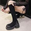 Large size boots autumn and winter new thick-soled thick heel retro black suede round head over the knee elastic thin boots