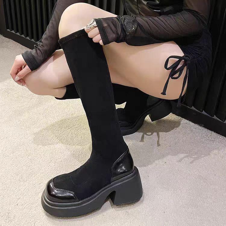 Large size boots autumn and winter new thick-soled thick heel retro black suede round head over the knee elastic thin boots