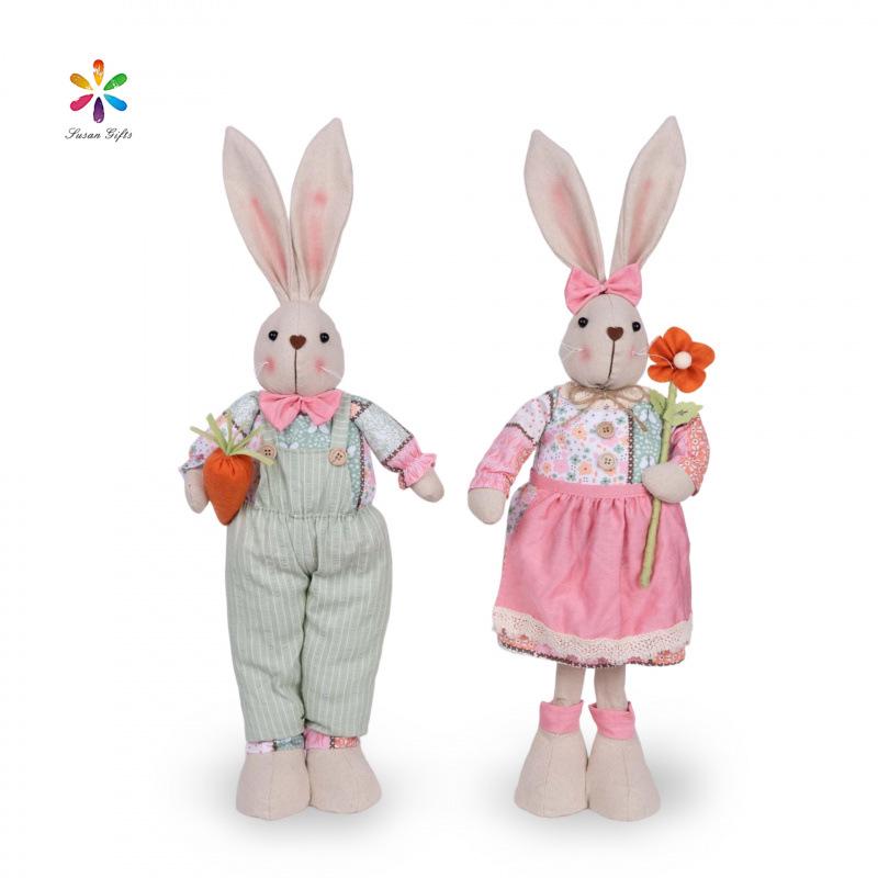 Large Easter Rabbit Ornament with Carrot and Flowers – Pink, Light Green, Brown Hanging Decoration