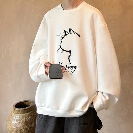 Pánská oversized mikina Hip-hop styl kočka Profil Potisk O Výstřih Volný Jednobarevný Silný plyš Pulovr střední délky Denní Sport Streetwear Top
