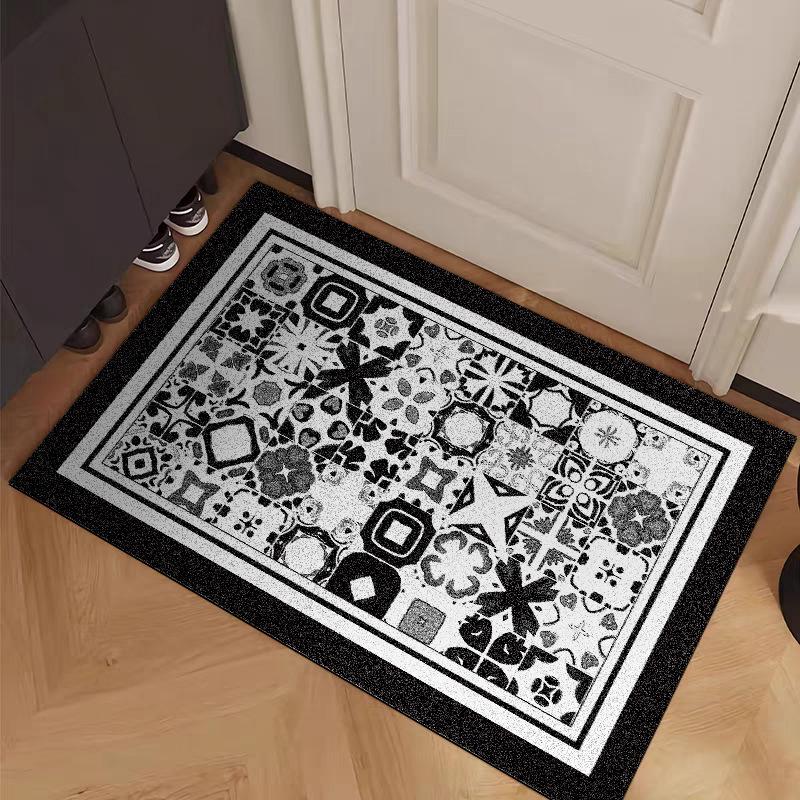 Black Line Flower Tile Doormat - Indoor/Outdoor Entryway Scraper Mat