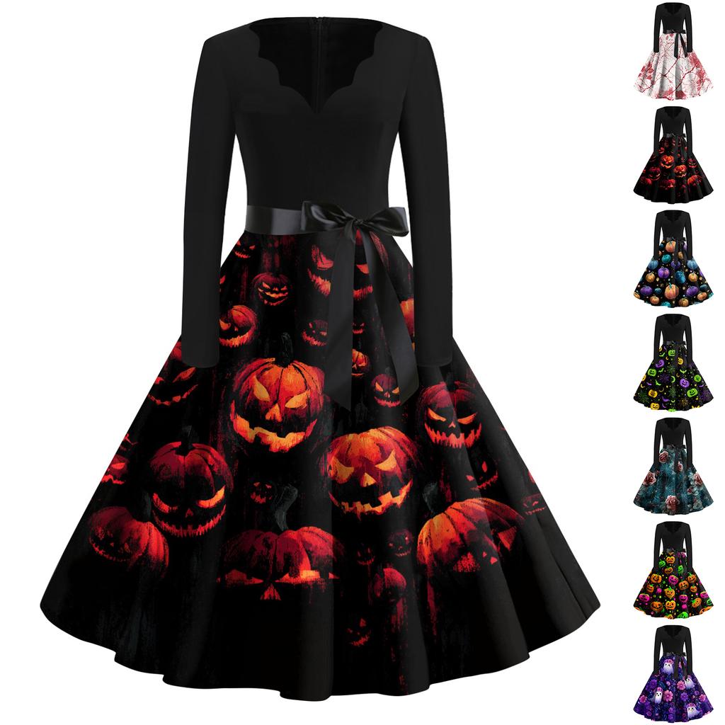 Women Casual Vintage Dress V Neck Long Sleeve Floral Print Retro Swing Dress with Waist Tie for Halloween