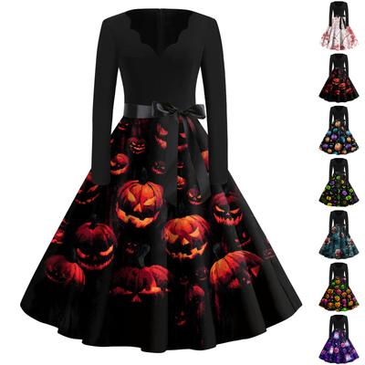 Women Casual Vintage Dress V Neck Long Sleeve Floral Print Retro Swing Dress with Waist Tie for Halloween