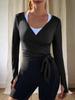 Dames Wrap Tie Croptop Lange Mouw Lichtgewicht Ballet Pilates Shirt