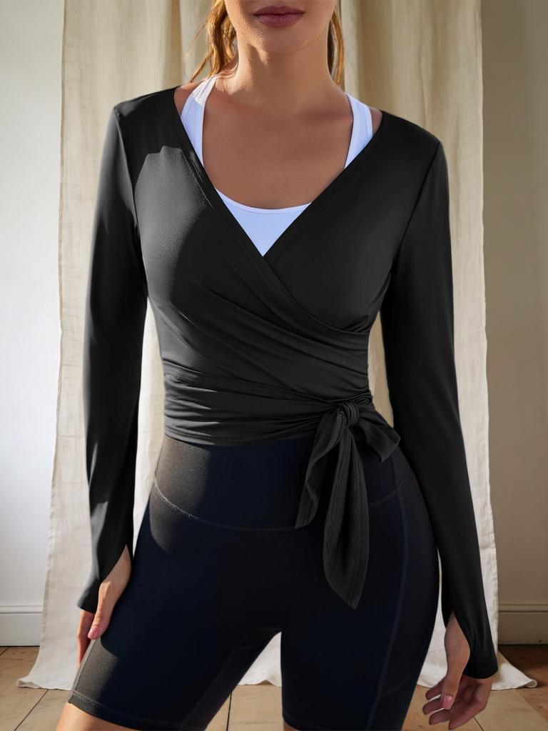 Dames Wrap Tie Croptop Lange Mouw Lichtgewicht Ballet Pilates Shirt