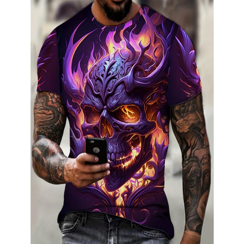 Plus Size Men's 3D Glow Skull & Flames Graphic Print T-shirt Funky Short Sleeve Tees For Summer, Halloween Men's Clothing