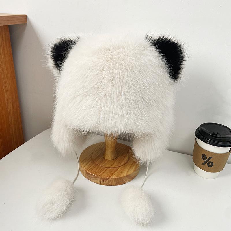 Cute Bear Plush Lei Feng Hat Women's Winter Faux Fur Thickened Warmth Ear Protection Cold Hat Outdoor Coldproof Baotou Hat