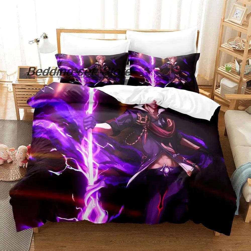 Kawaii Genshin Impact Tartaglia Bedding Set Single Twin Full Queen King Size Cartoon Duvet Cover for Adult Kid Bedroom