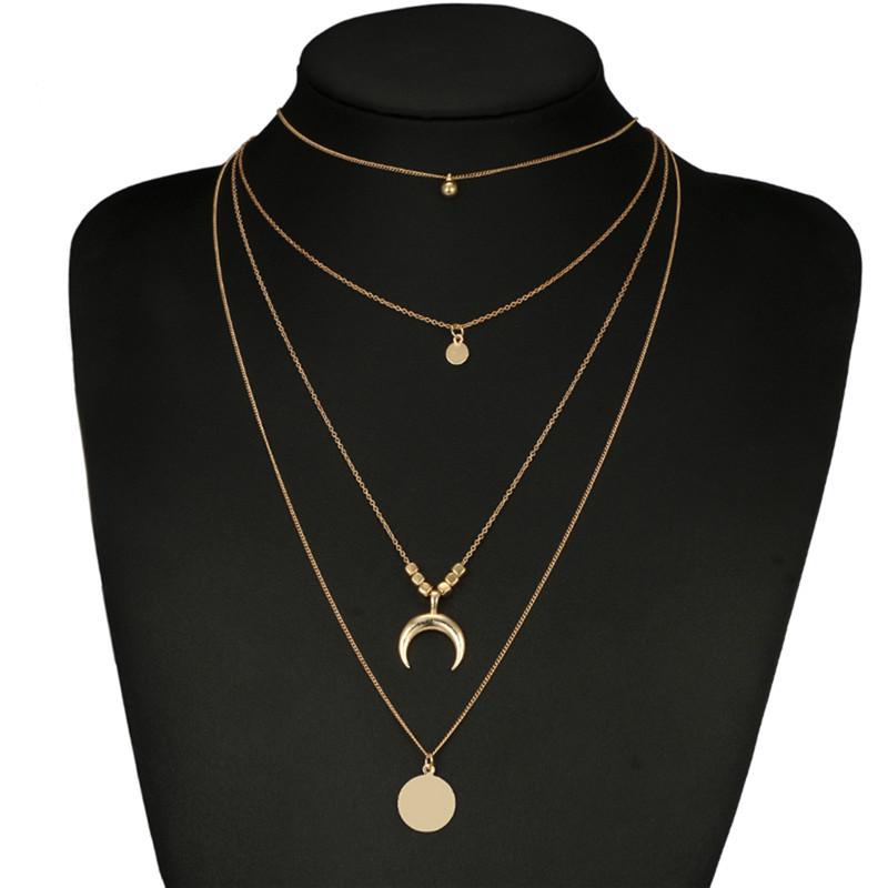 Multilayer Choker Horn Long Crescent Moon Pendant Necklace Chain Jewelry Women