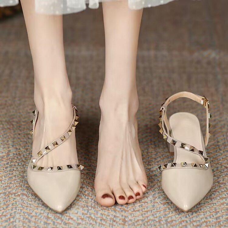 Baotou Empty Sandals Women's Summer 2025 New Rivets High-end Niche French Pointed Thick Heel High Heels